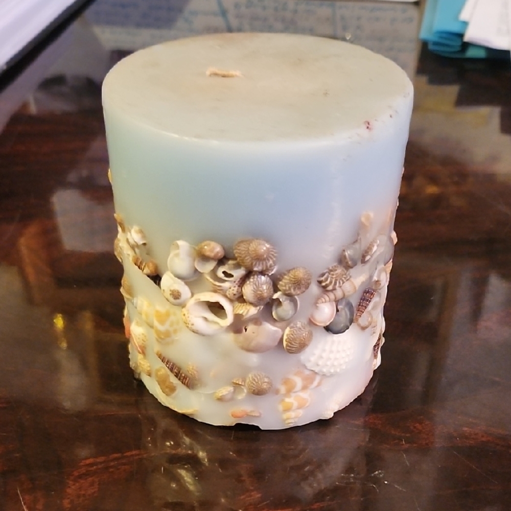 Seashell-Embellished Blue Candle